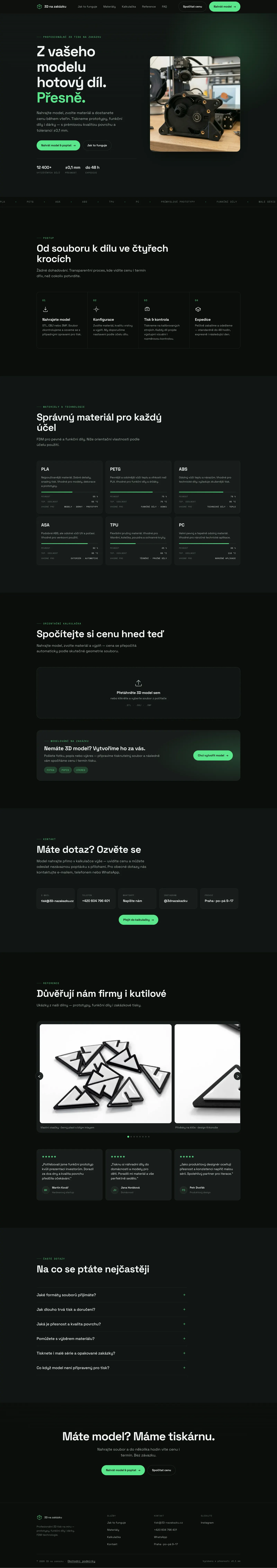 Celá landing page 3D na zakázku — proces, materiály, kalkulačka, FAQ