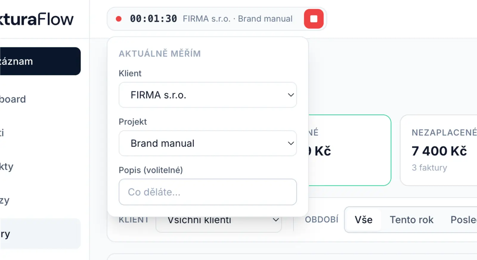 Měření času — stopky s výběrem klienta a projektu