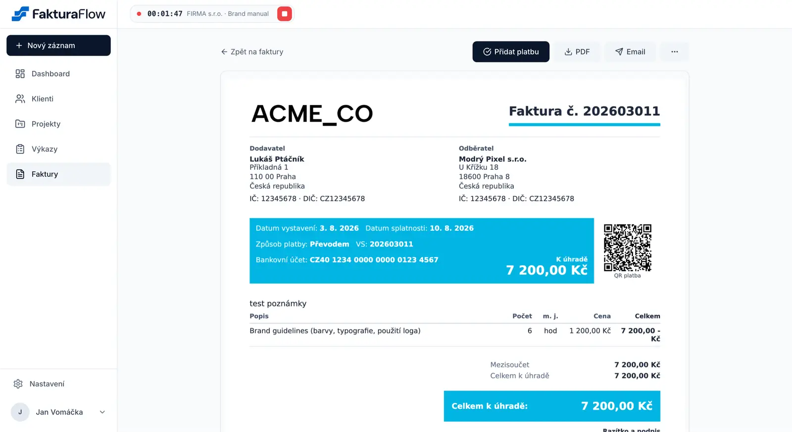 Detail faktury s QR platbou a položkami z hodin
