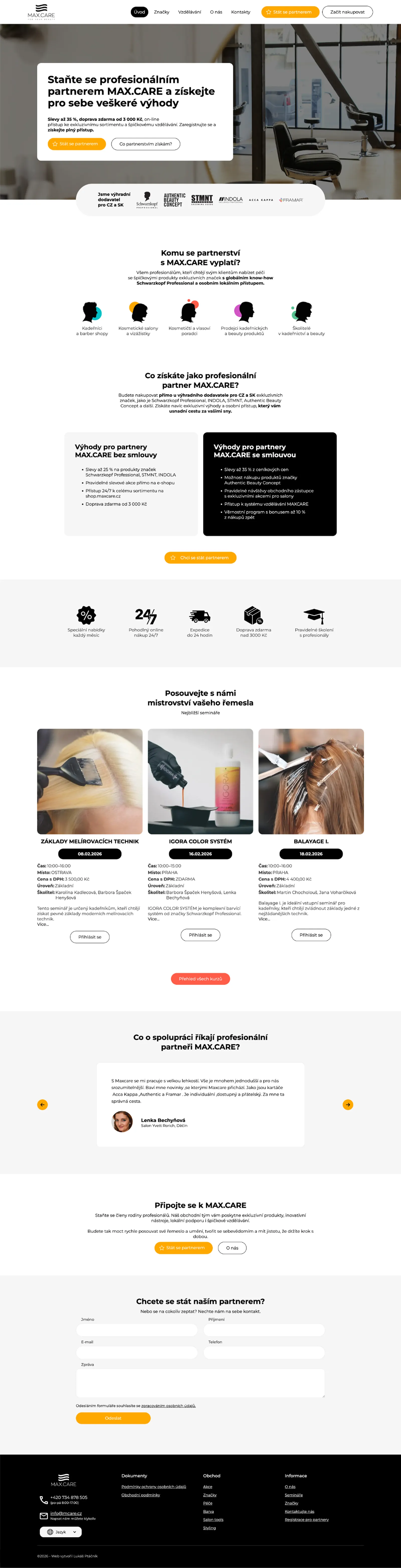 Celá partnerská landing page MAXCARE — benefity, vzdělání, formulář