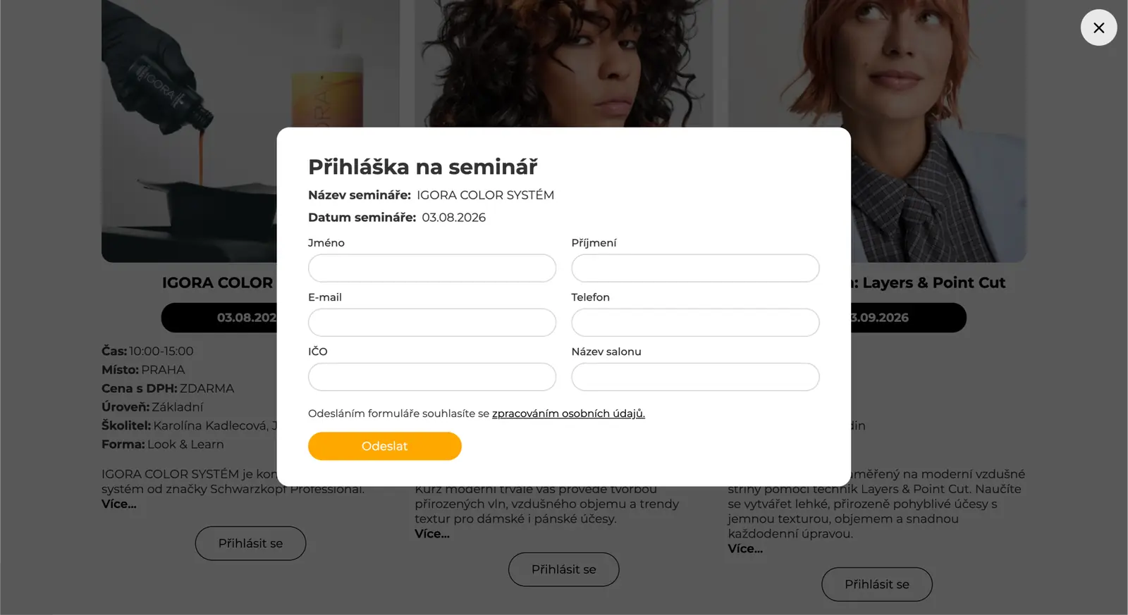 Modal přihlášky na seminář IGORA COLOR SYSTÉM